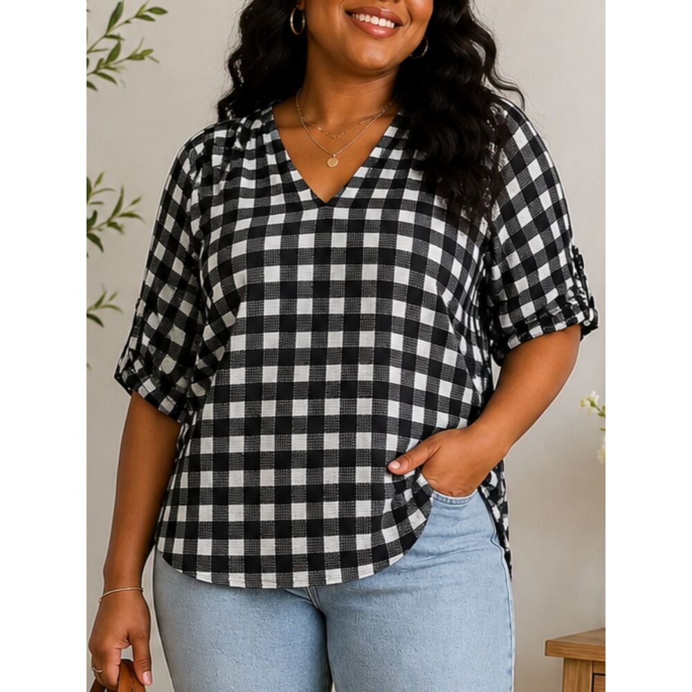 Lane Bryant 18 Gingham Plaid Blouse Black White V Neck Flowy Top Plus